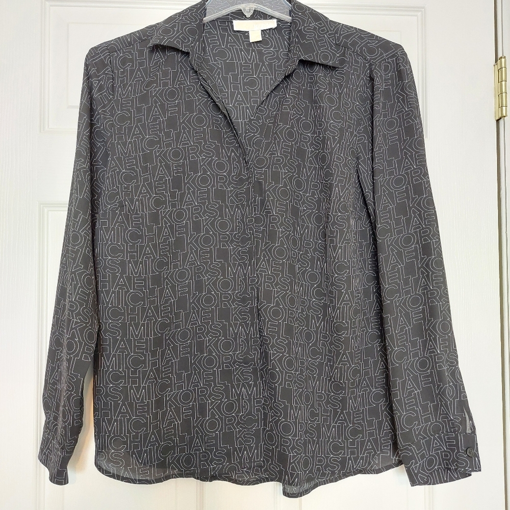 Michael Kors Black Sheer Blouse Button Up White "Michael Kors" Lettering SZ LG